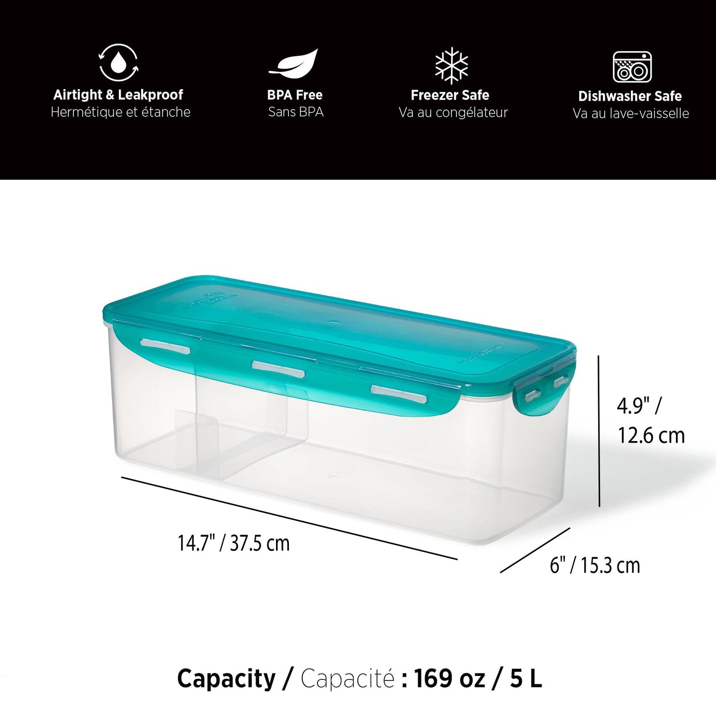Starfrit LocknLock Plastic Bread Container - Removable Divider - 169oz/5L - Airtight - 4-Sided Locking Lid