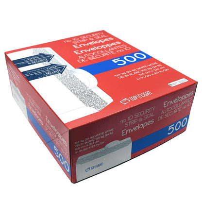 Top Flight PSTF10NWT #10 Envelopes, Strip & Seal, Security Tinted, White Paper, 24 lb, 500 Count Top Flight