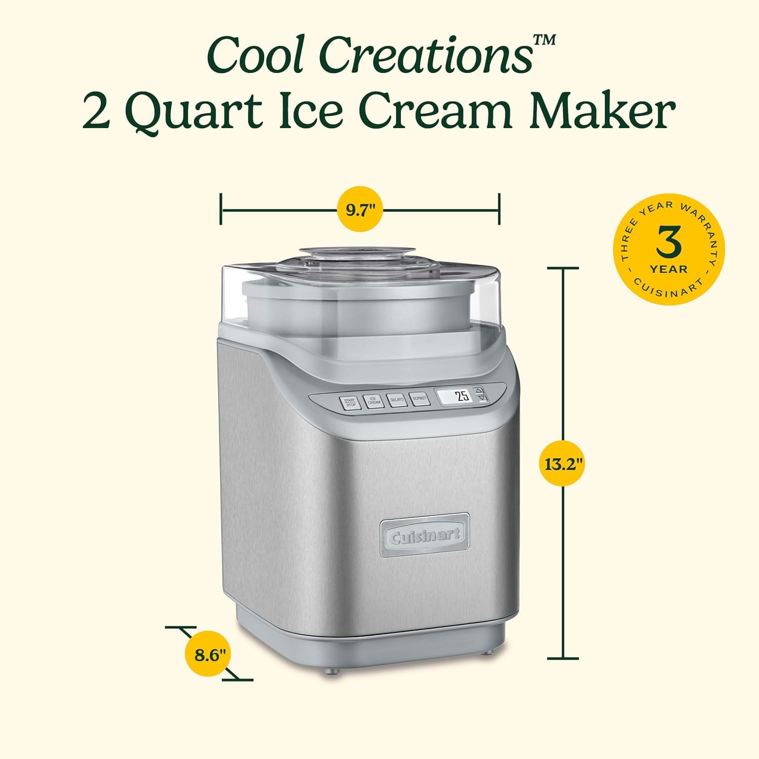 Cuisinart Ice Cream Maker Machine w/Countdown Timer, Stainless Steel, 2 qt Cuisinart