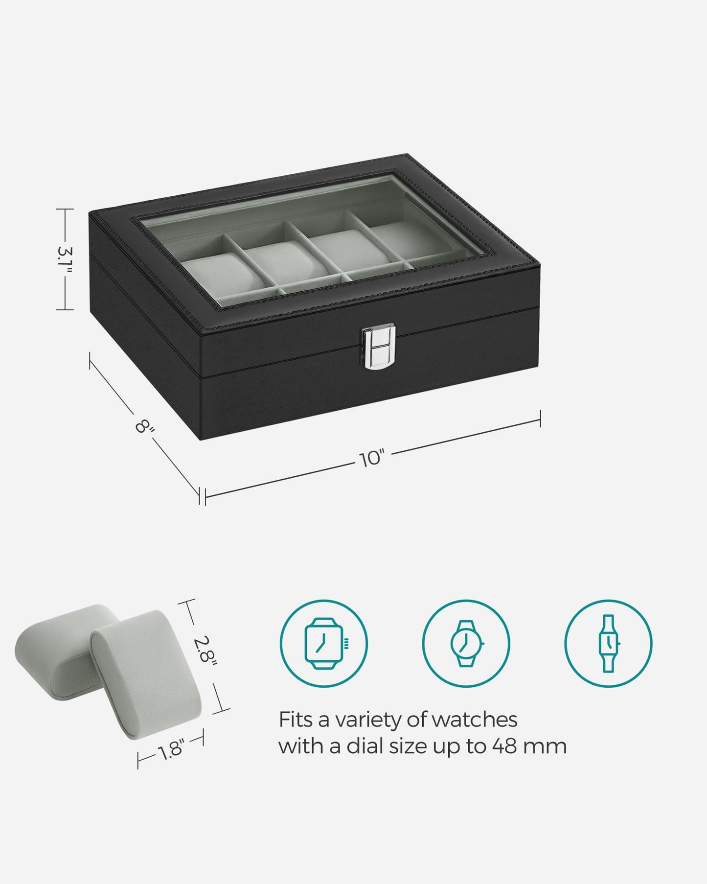 SONGMICS Watch Box, 10-Slot Watch Case Organizer with Large Glass Lid, Removable Pillows, Gift for Loved Ones, Black Synthetic Leather, Gray Lining UJWB010BK SONGMICS