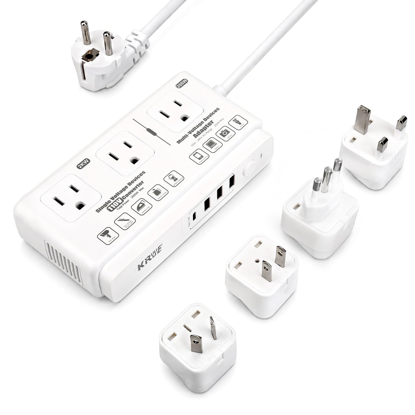 220v to 110v Travel Voltage Converter: International Universal Voltage Converter US to Europe Power Strip Plug Transformer - 2000W Electric Hair Dryer Step Down Outlet Converters for European UK EU