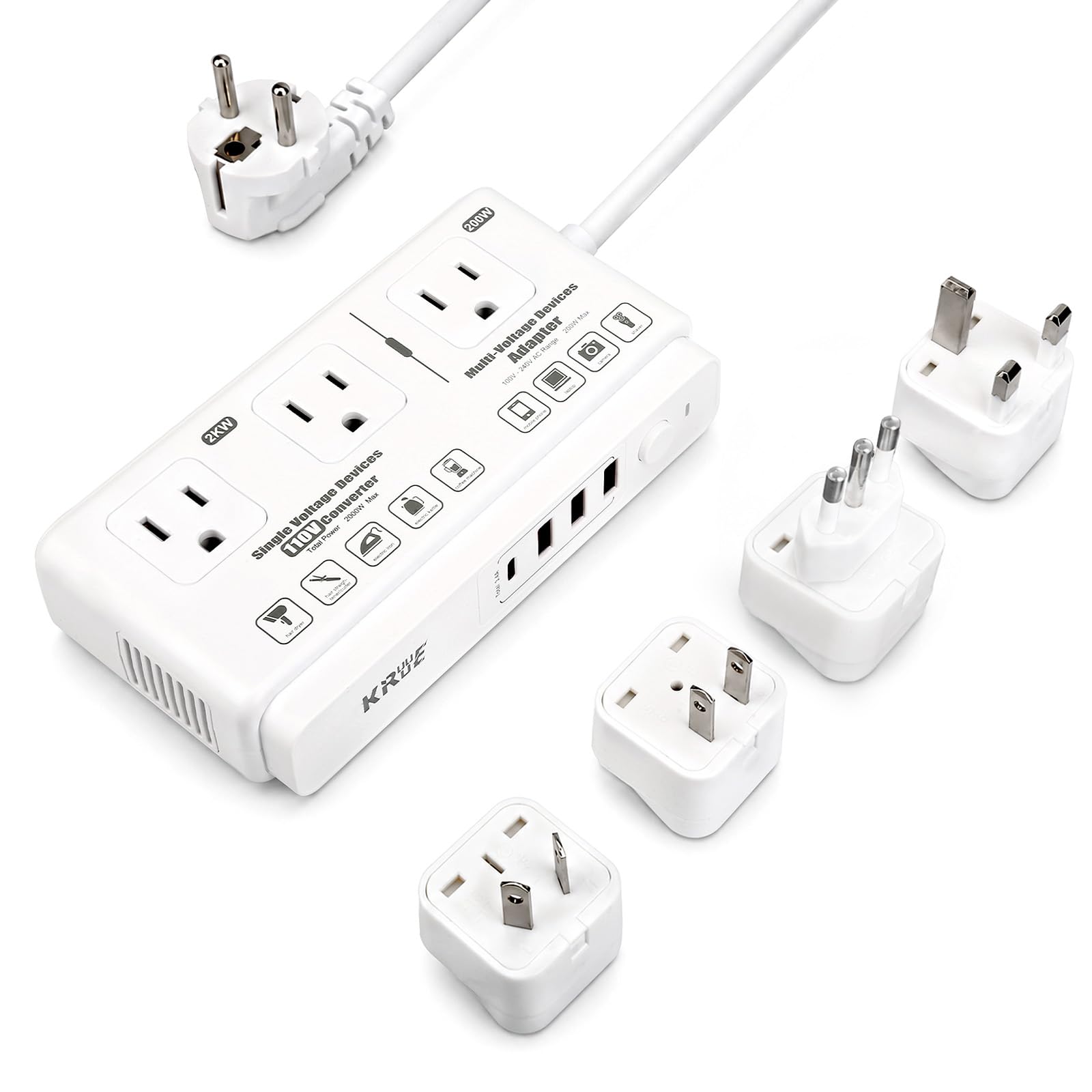 220v to 110v Travel Voltage Converter: International Universal Voltage Converter US to Europe Power Strip Plug Transformer - 2000W Electric Hair Dryer Step Down Outlet Converters for European UK EU