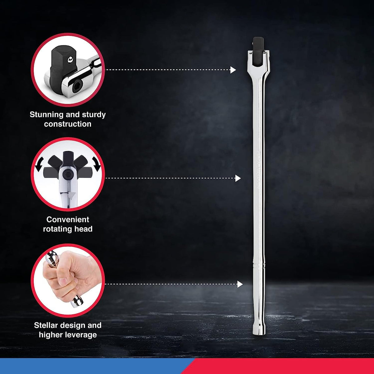 Neiko 00200A 1/2" Drive Extension Breaker Bar | 15" Length | Rotating Flex Head | CR-V Steel