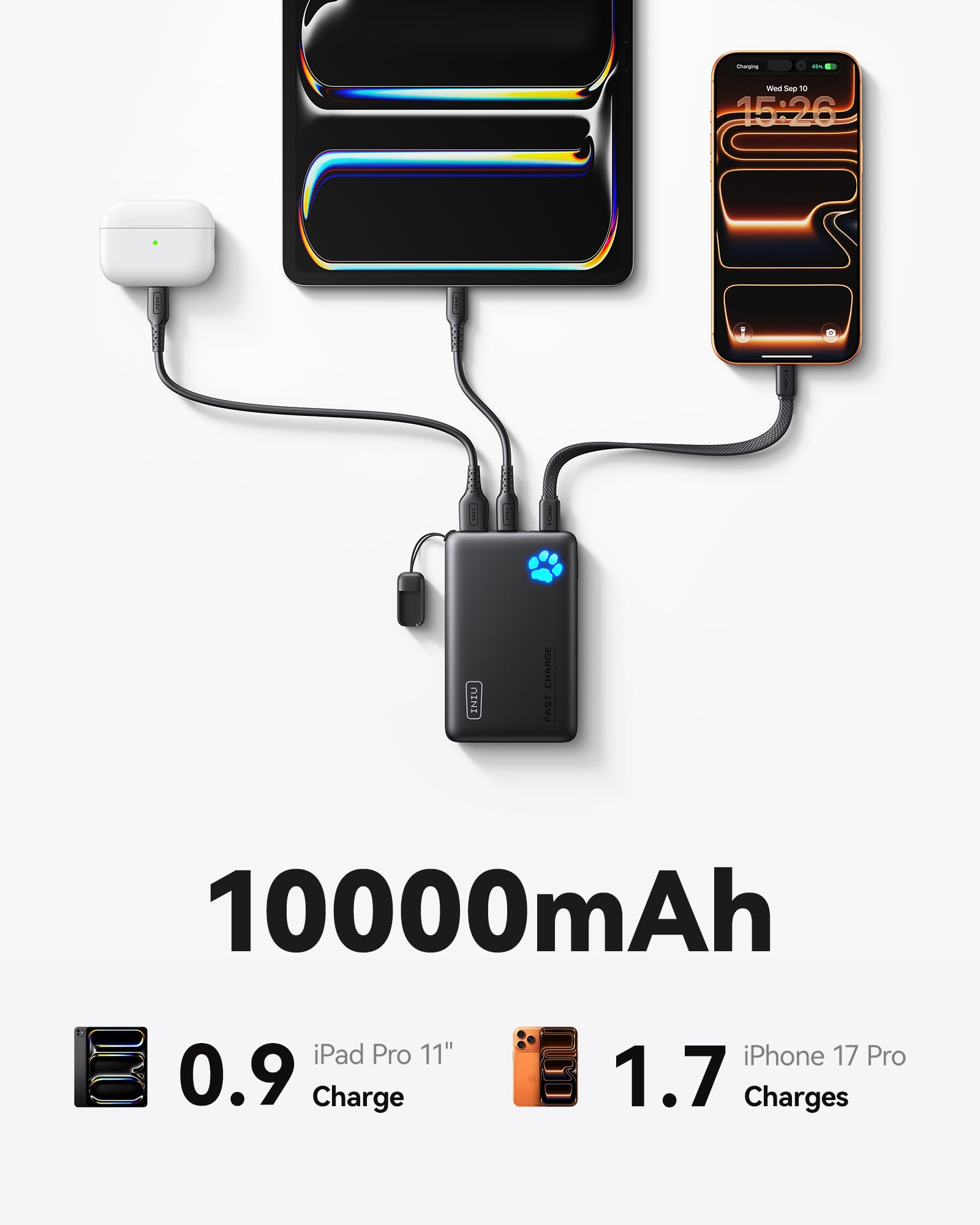 INIU Power Bank, 40% Smaller 10000mAh Portable Charger, 45W Ultra Fast Charging Powerbank with Detachable USB C Cable, Flight-Safe Travel External Battery Pack for iPhone 17 16 Samsung Google iPad etc - Available at All In One Marketplace Canada