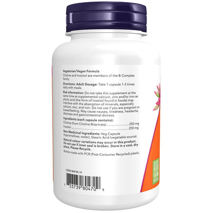 NOW Supplements, Choline & Inositol 500 mg, Healthy Nerve Transmission*, Nervous System Health, 100 Capsules NOW