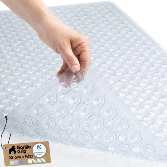GORILLA GRIP Patented Bath Tub Shower Mat, Machine Washable Bathtub Floor Liner Mats, Suction Cups and Drain Holes to Keep Tubs Clean, Bathroom Essentials, 89x41 cm, Clear