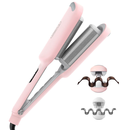 TYMO ROVY Hair Waver Curling Iron, 3-Barrel Ionic Hair Curler with 9 Heat Settings, Beach Waves Crimper for Women, Travel-Friendly, Anti-Scald, Fast Heating, Easy to Use, Pink, 1.25 inch