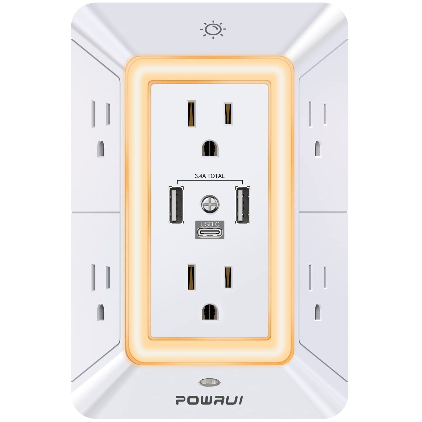 3-Sided Power Bars with Surge Protector, POWRUI 6-Outlet Extender with 3 USB Ports (1 USB C) and Night Light, Multi Plug Outlet and Spaced Outlets Adapter, ETL, White - Available at All In One Marketplace Canada