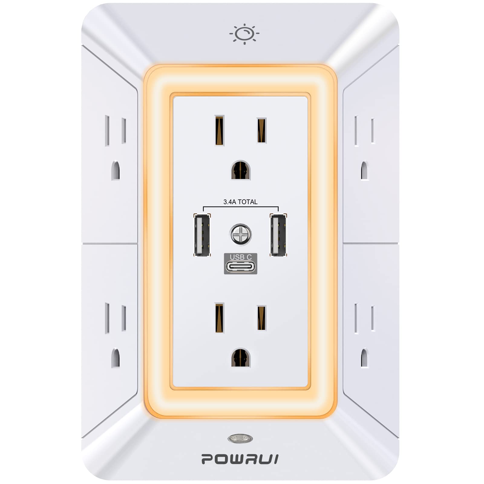 3-Sided Power Bars with Surge Protector, POWRUI 6-Outlet Extender with 3 USB Ports (1 USB C) and Night Light, Multi Plug Outlet and Spaced Outlets Adapter, ETL, White - Available at All In One Marketplace Canada