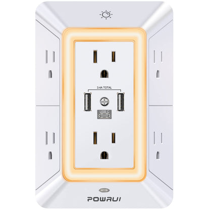 3-Sided Power Bars with Surge Protector, POWRUI 6-Outlet Extender with 3 USB Ports (1 USB C) and Night Light, Multi Plug Outlet and Spaced Outlets Adapter, ETL, White - Available at All In One Marketplace Canada