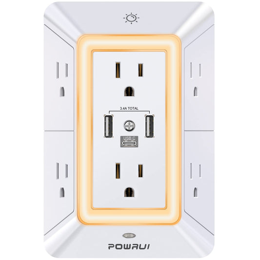 3-Sided Power Bars with Surge Protector, POWRUI 6-Outlet Extender with 3 USB Ports (1 USB C) and Night Light, Multi Plug Outlet and Spaced Outlets Adapter, ETL, White - Available at All In One Marketplace Canada