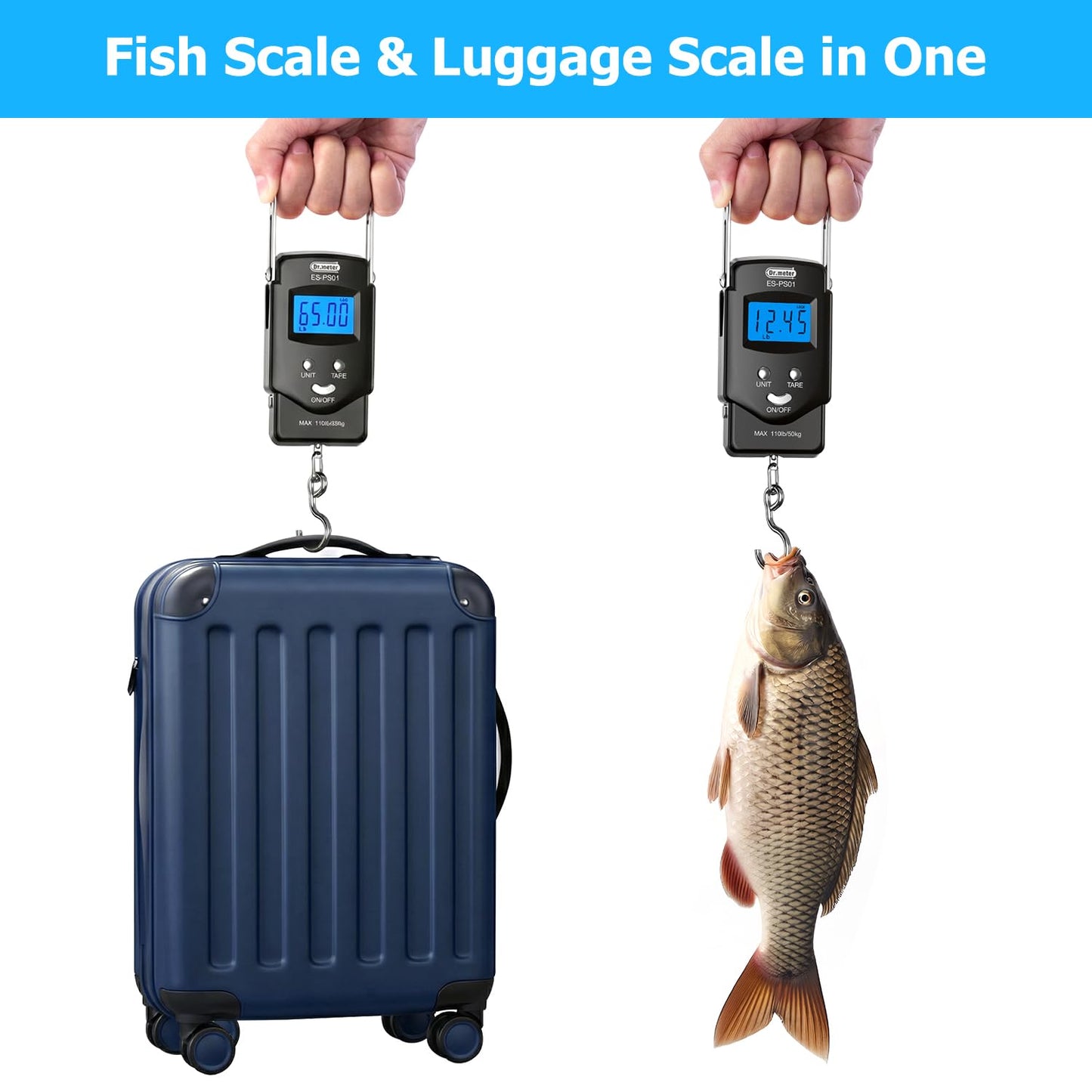 Fish Scale, Dr.meter 110lb/50kg Backlit LCD Display Digital Scale with Built-in Measuring Tape - Electronic Fishing Postal Hanging Hook Scale with 2 AAA Batteries, Pocket Size, Fishing Gifts for Man - Available at All In One Marketplace Canada