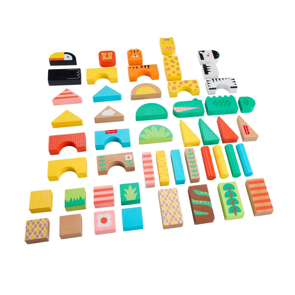 Fisher-Price Wood Toddler Toy Jungle Blocks, 50-Piece Wooden Animal Building Set for Preschool Pretend Play Kids Ages 2+ Years Fisher-Price