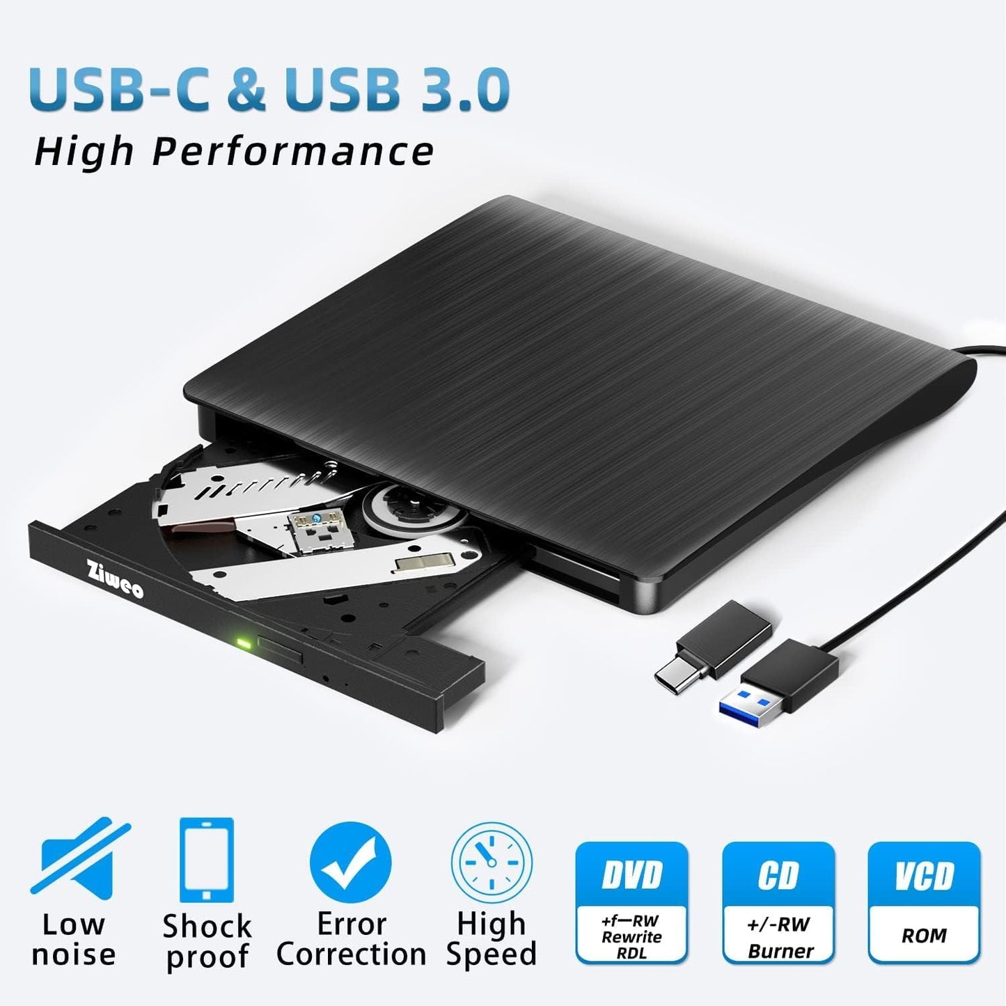 External CD DVD Drive, Portable USB 3.0 Type-C CD Burner CD +/-RW Drive DVD Player for ROM Rewriter Burner Compatible with Laptop Desktop PC Windows MacBook Linux Mac OS