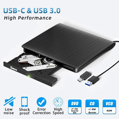 External CD DVD Drive, Portable USB 3.0 Type-C CD Burner CD +/-RW Drive DVD Player for ROM Rewriter Burner Compatible with Laptop Desktop PC Windows MacBook Linux Mac OS