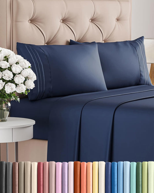 Full Size 4 Piece Sheet Set - Comfy Breathable & Cooling Sheets - Hotel Luxury Bed Sheets for Women & Men - Deep Pockets, Easy-Fit, Extra Soft & Wrinkle Free Sheets - Navy Blue Oeko-Tex Bed Sheet Set
