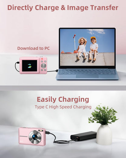 CAMKORY Digital Camera, Full HD 1080P Point and Shoot Camera, 44MP Kids Camera with 32GB Card, 16X Zoom, Pink - Available at All In One Marketplace Canada