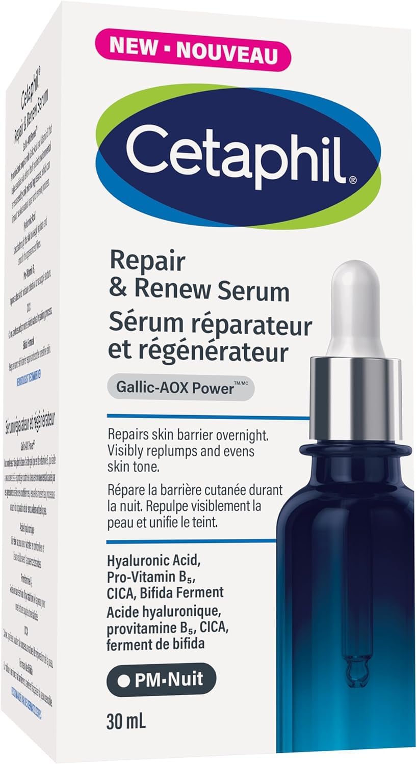 CETAPHIL Repair & Renew Night Serum for Stressed Sensitive Skin with Gallic Acid & Vitamin E, PM Face Serum, Repairs Skin Barrier Overnight, Dermatologist Recommended, 1 fl oz Dropper Bottle - Available at All In One Marketplace Canada