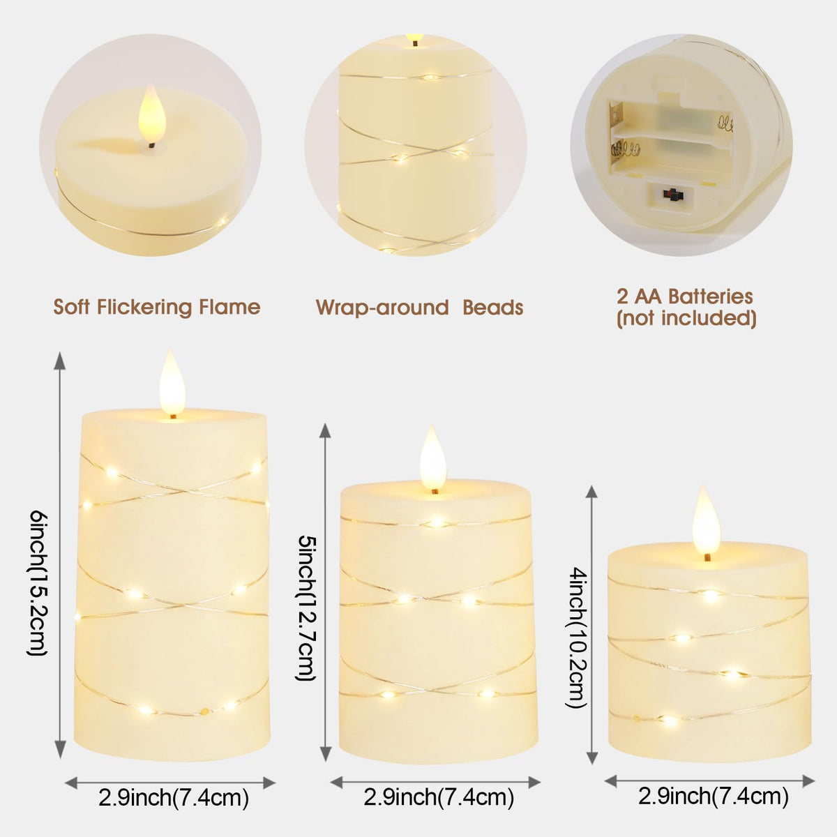AMAGIC LED Pillar Candles with String Light, Flameless Ivory Candles 3 Pack 🍁 All In One Marketplace Canada