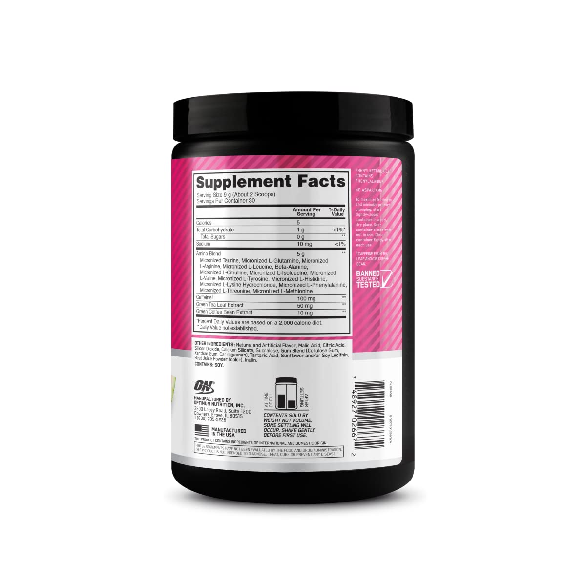 Optimum Nutrition Amino Energy Powder: Pre- workout & Anytime energy with Green tea, Green coffee extract + BCAA's - Watermelon: 30 servings [270g] (packaging may vary) - Available at All In One Marketplace Canada