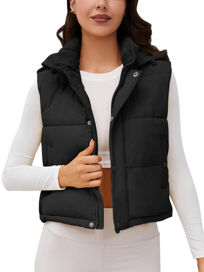 Ogfao Womens Puffer Vest with Hood Winter Warm Outerwear Cropped Vests with Pockets Black M 🍁 All In One Marketplace Canada