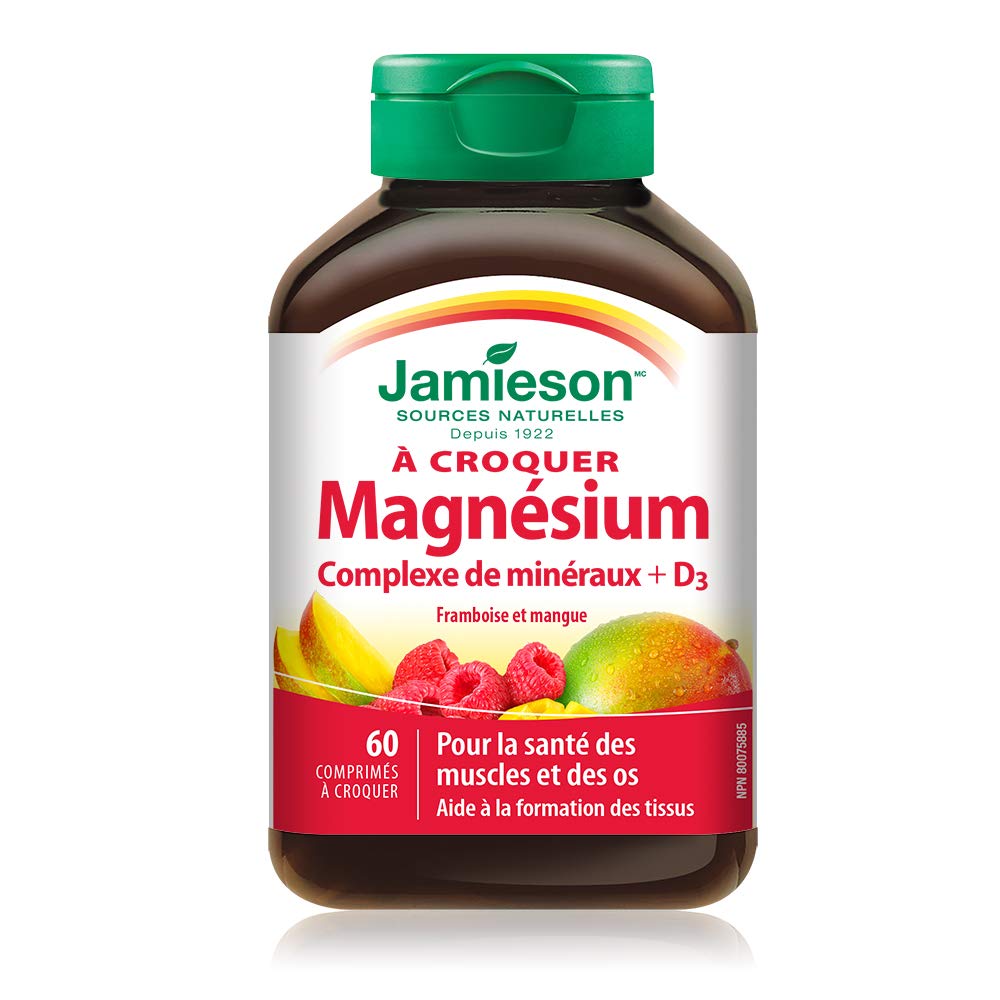 Jamieson Chewable Magnesium Mineral Complex Raspberry Mango Flavour, with 800 IU Vitamin and 140 mg Magnesium, 12 Essential Minerals, Supports Muscle and Bone Health, Gluten-Free, 60 Count - Available at All In One Marketplace Canada