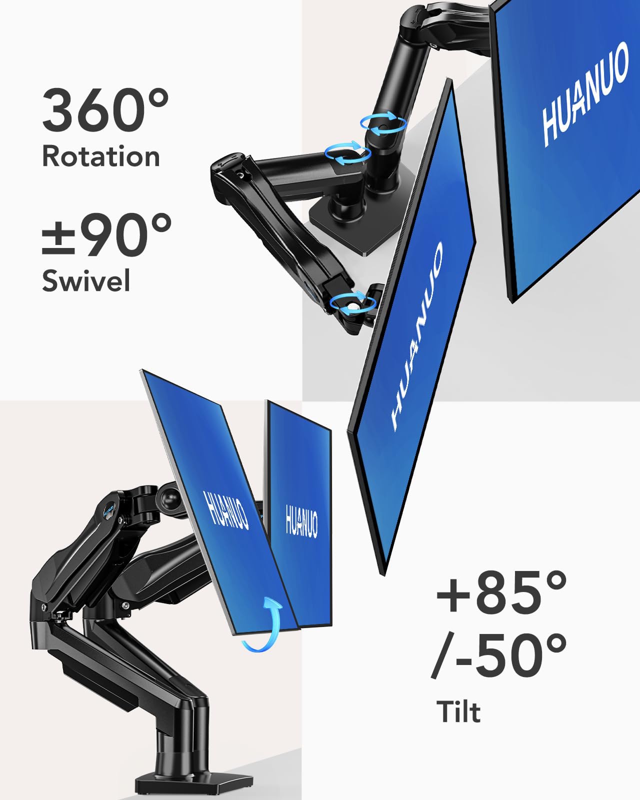 HUANUO Dual Monitor Stand for 13 to 32 Inches, Design Dual Monitor Mount, Fully Flexible Adjustable with Tilt, Swivel, Rotation, VESA 75/100, 19.8lbs per arm