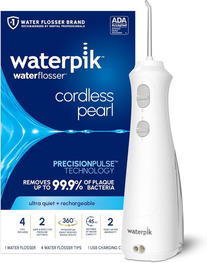 Waterpik Cordless Pearl Rechargeable Portable Water Flosser for Teeth, Gums, Braces Care and Travel with 4 Flossing Tips - CDA Validated, WF-13 White, Packaging May Vary - Available at All In One Marketplace Canada
