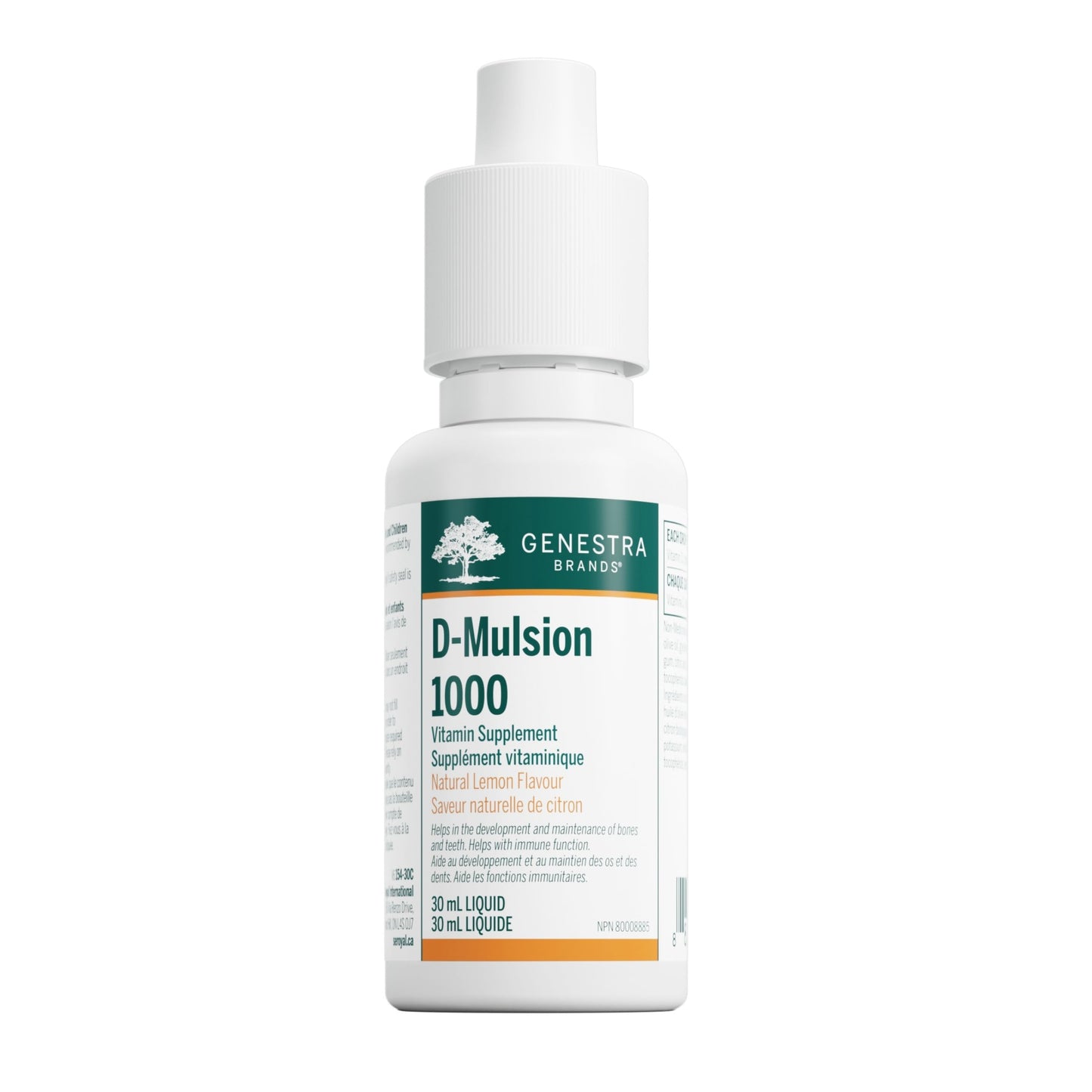 Genestra Brands D-Mulsion 1000 IU - Liquid Vitamin D3 - For Healthy Bones & Teeth - Immune Function Support - Non-GMO, Gluten Free & Dairy Free - 30 mL - Natural Lemon Flavour - Available at All In One Marketplace Canada