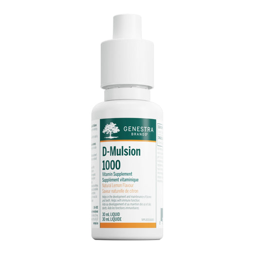 Genestra Brands D-Mulsion 1000 IU - Liquid Vitamin D3 - For Healthy Bones & Teeth - Immune Function Support - Non-GMO, Gluten Free & Dairy Free - 30 mL - Natural Lemon Flavour - Available at All In One Marketplace Canada