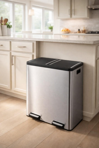 The Step N' Sort 18.5 Gallon Extra Large Capacity, Soft-Step, Dual Trash and Recycling Bin with Removable Inner Bins. Silver Step N' Sort