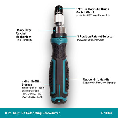 Makita 8-Piece Multi-Bit Ratcheting Screwdriver Set with 3-Position Ratchet, Ergonomic Rubber Grip, in-Handle Bit Storage, 1/4" Hex Quick-Release Chuck