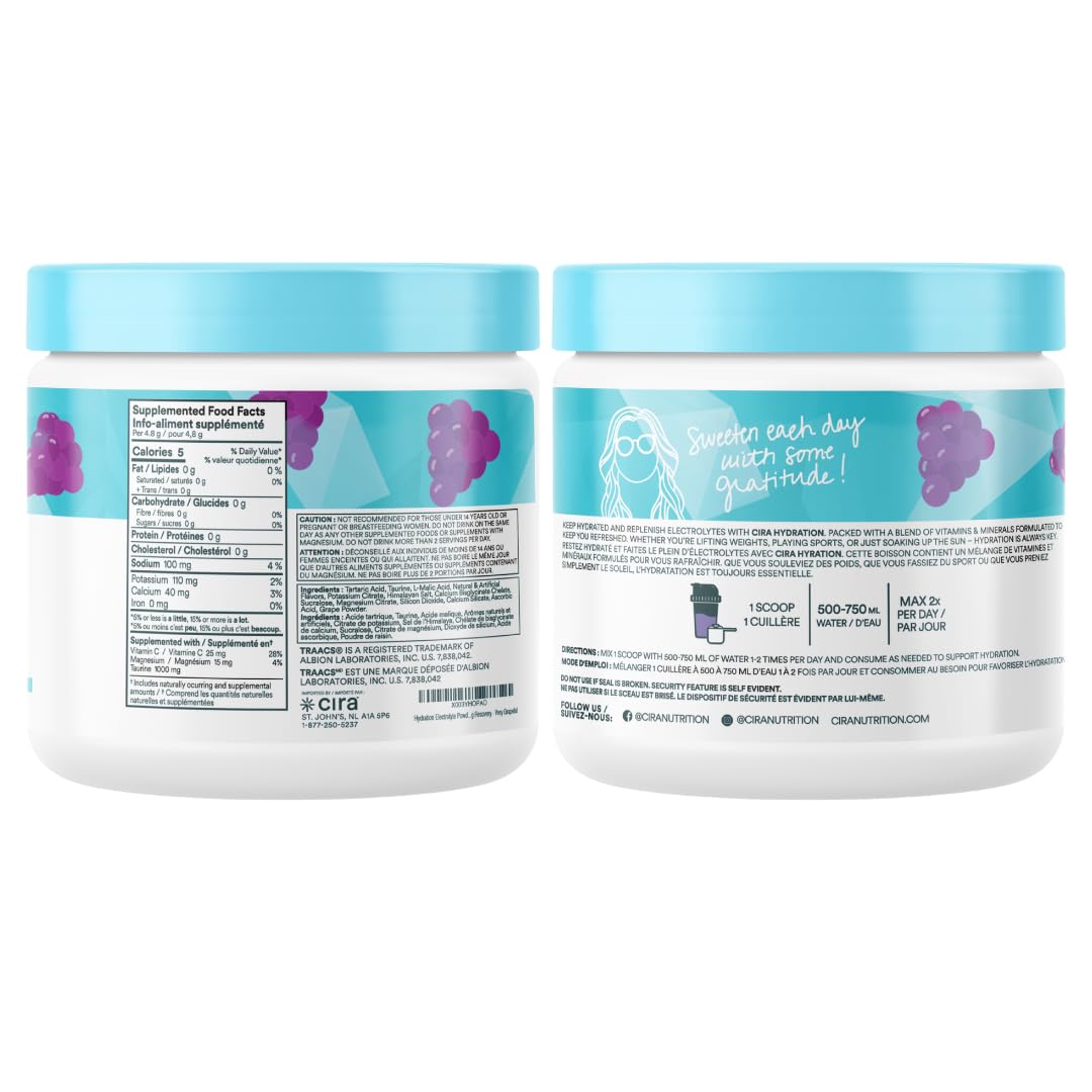 Cira Hydration Electrolytes Powder - Cira x Alicia McCarvell’s Daily Electrolyte Powder, Sugar Free, Himalayan Salt, Magnesium, Potassium for Dehydration Relief & Recovery - Very Grapeful, 45 Servings