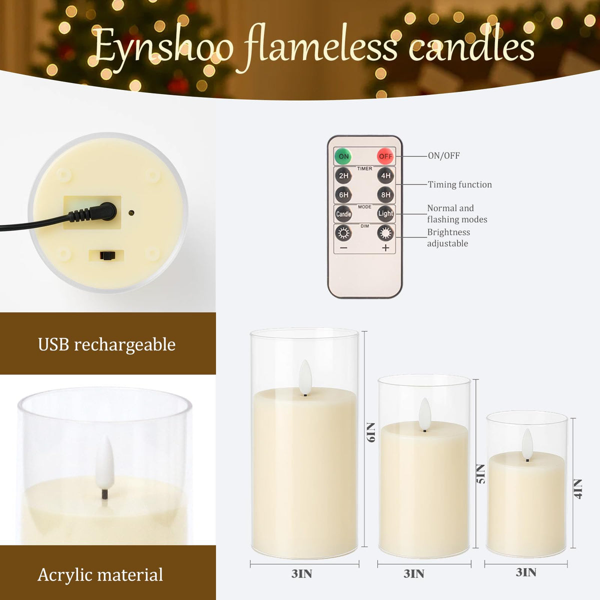 Eynshoo 3-Pack Rechargeable Flameless Candles with Remote & Timer, Flickering LED Candles for Living Room, Fireplace, TV Stand & Bedroom Night Light, Holiday Party Decor, Housewarming Gift (Yellow) 🍁 All In One Marketplace Canada
