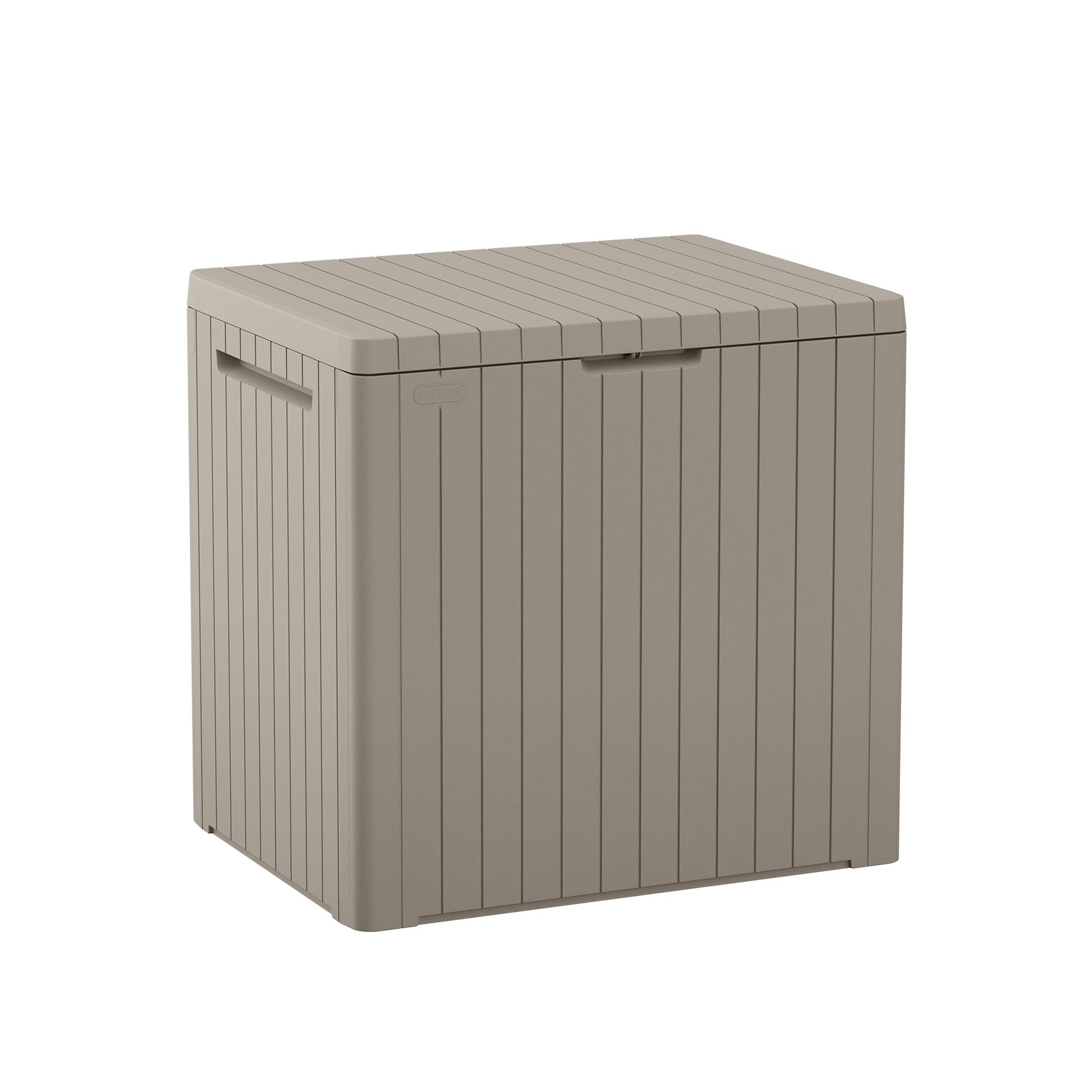 Keter City 30 Gallon Resin Outdoor Storage Box and Patio Furniture Side Table for Pool and Garden Accessories, Beige Keter