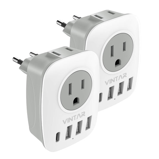 2 Pack European Plug Adapter, VINTAR Type C Travel Adapter for Europe with 2 AC Outlets and 4 USB Ports(1 USB C), Europe Travel Essentials Plug Converter for Canada to EU Italy Greece Spain France - Available at All In One Marketplace Canada