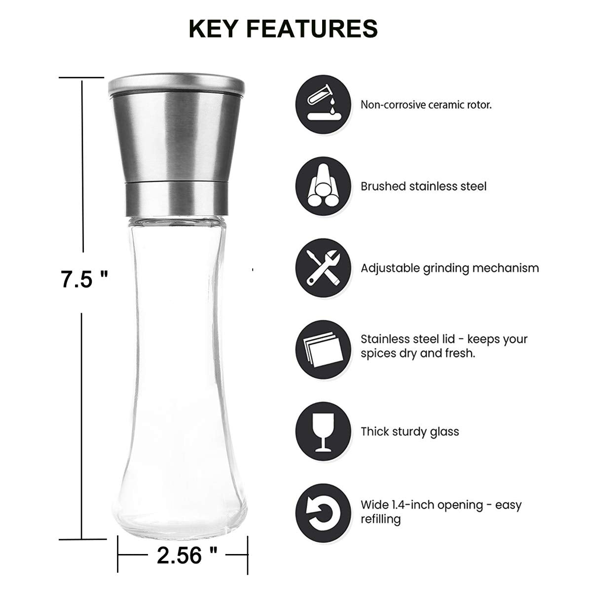 Pepper Grinder or Salt Grinder, Best Spice Mill with Ceramic Blades, Adjustable Coarseness, Brushed Stainless Steel Cap, and Refillable Tall Glass Body with 6OZ Capacity (7.5") - Available at All In One Marketplace Canada
