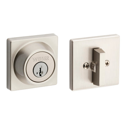 Weiser Elements Satin Nickel Square Deadbolt Lock, ANSI/BHMA Grade 3 Certified Front Door Lock, Kick Proof, Bump Proof & Anti-theft Exterior Door Lock with Key, Traditional Door Locks for Entry Door Weiser