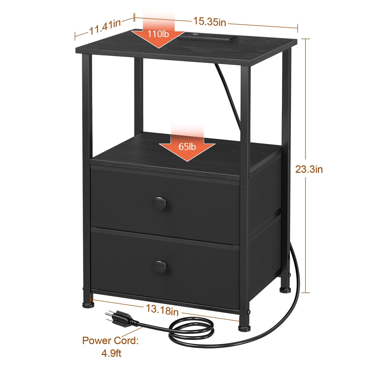 LOAKEKEL Night Stands Set 2, Bedside Table with Charging Station and LED Light, Nightstand with 2 AC Outlets and USB Ports, End Table with 2 Fabric Drawers for Bedroom, Living Room, Black, HETS02BK - Available at All In One Marketplace Canada