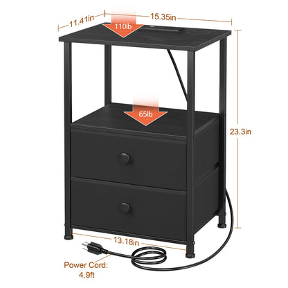 LOAKEKEL Night Stands Set 2, Bedside Table with Charging Station and LED Light, Nightstand with 2 AC Outlets and USB Ports, End Table with 2 Fabric Drawers for Bedroom, Living Room, Black, HETS02BK - Available at All In One Marketplace Canada
