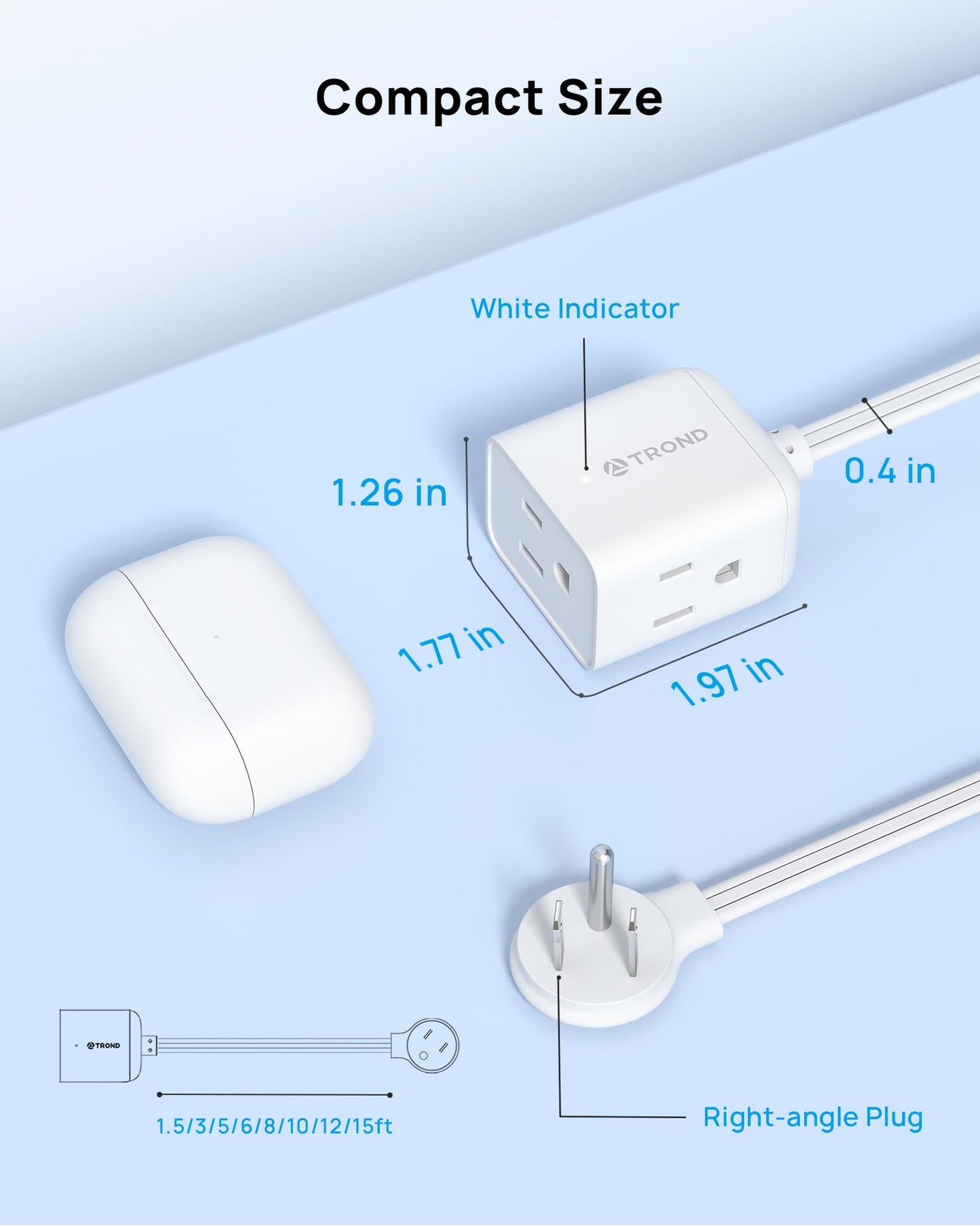 TROND 6ft Flat Extension Cord Indoor, Right Angle Ultra-Thin Plug, 3 Way Multiple Outlets, 13 Amps, 1625W, Small Flexible SPT 16/3 Power Cable Splitter for Home Office Dorm Room Essentials, White