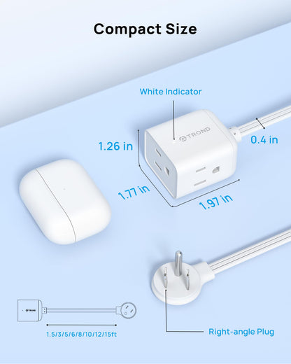 TROND 6ft Flat Extension Cord Indoor, Right Angle Ultra-Thin Plug, 3 Way Multiple Outlets, 13 Amps, 1625W, Small Flexible SPT 16/3 Power Cable Splitter for Home Office Dorm Room Essentials, White