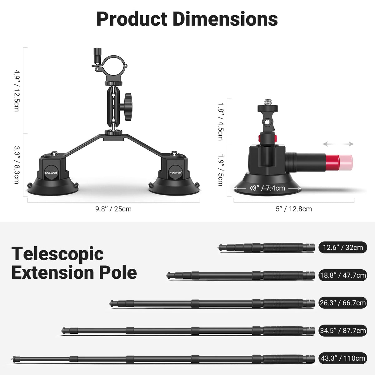NEEWER Triple Suction Cup Car Mount for Action Cameras, CA065