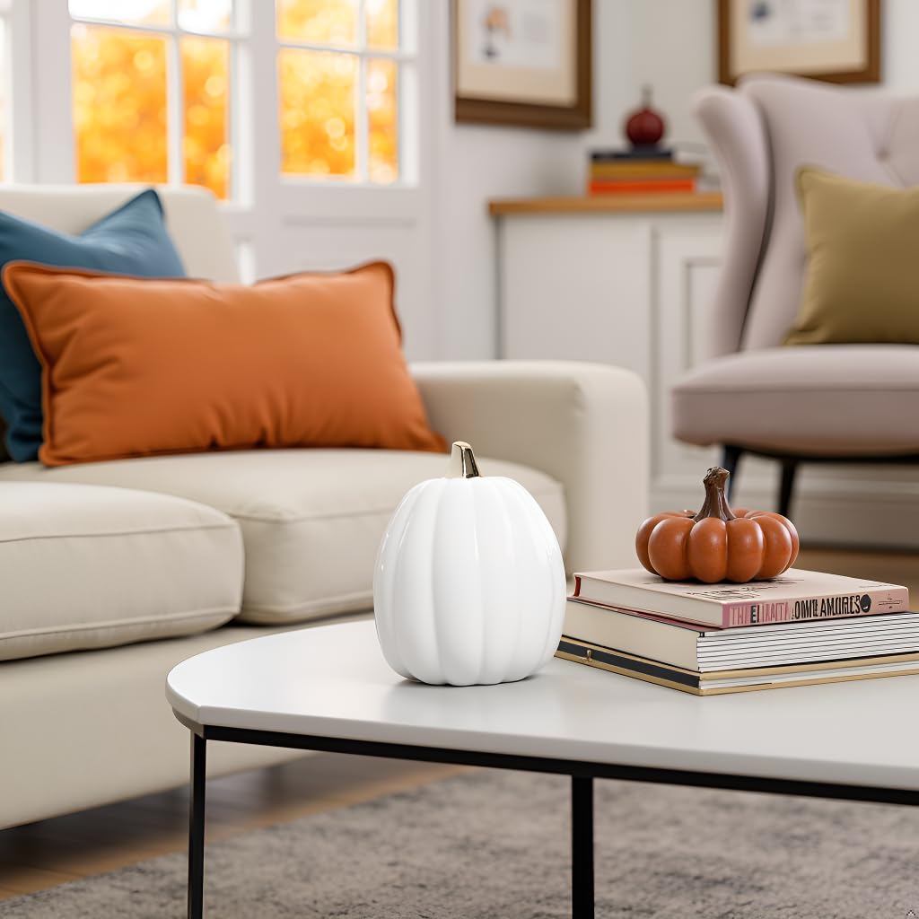 Citrouille en céramique blanche Pearhead, décoration d'automne pour la maison, décoration de fête moderne, décorations d'Halloween tendance, blanc, petit