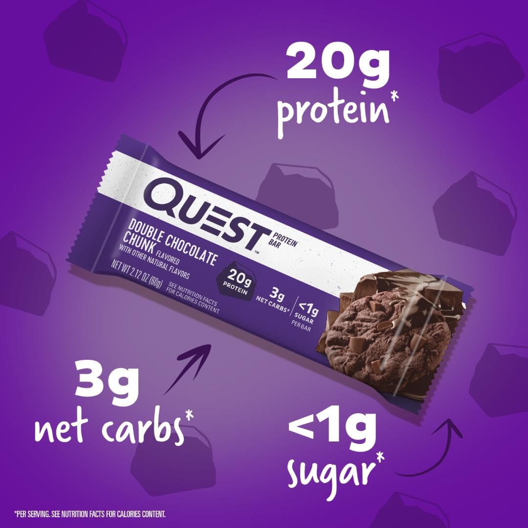 Quest Nutrition Double Chocolate Chunk Protein Bar, High Protein, High Fibre, Low Sugar, Keto Friendly, 20g Protein, 1g Sugar, 12ct Quest