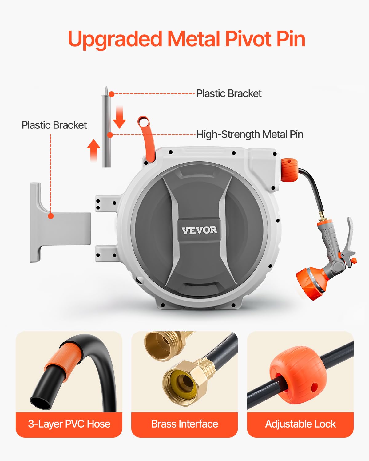 VEVOR Retractable Garden Hose Reel, 1/2 Inch x 84 ft Wall Mounted Hose Reel, Heavy Duty Garden Hose Reel with 9 Patterns Nozzle, Any Length Lock, Upgraded Slow Return System and 180°Swivel Bracket VEVOR