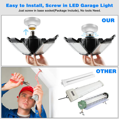 POLARPRA Garage Lights - 2Pack Super Bright 32000LM LED Garage Ceiling Light 6500K LED Shop Light w/ 6 Deformable Panels Screw in E26/E27 Socket Light Bulbs for Workshop Storage Warehouse Attic