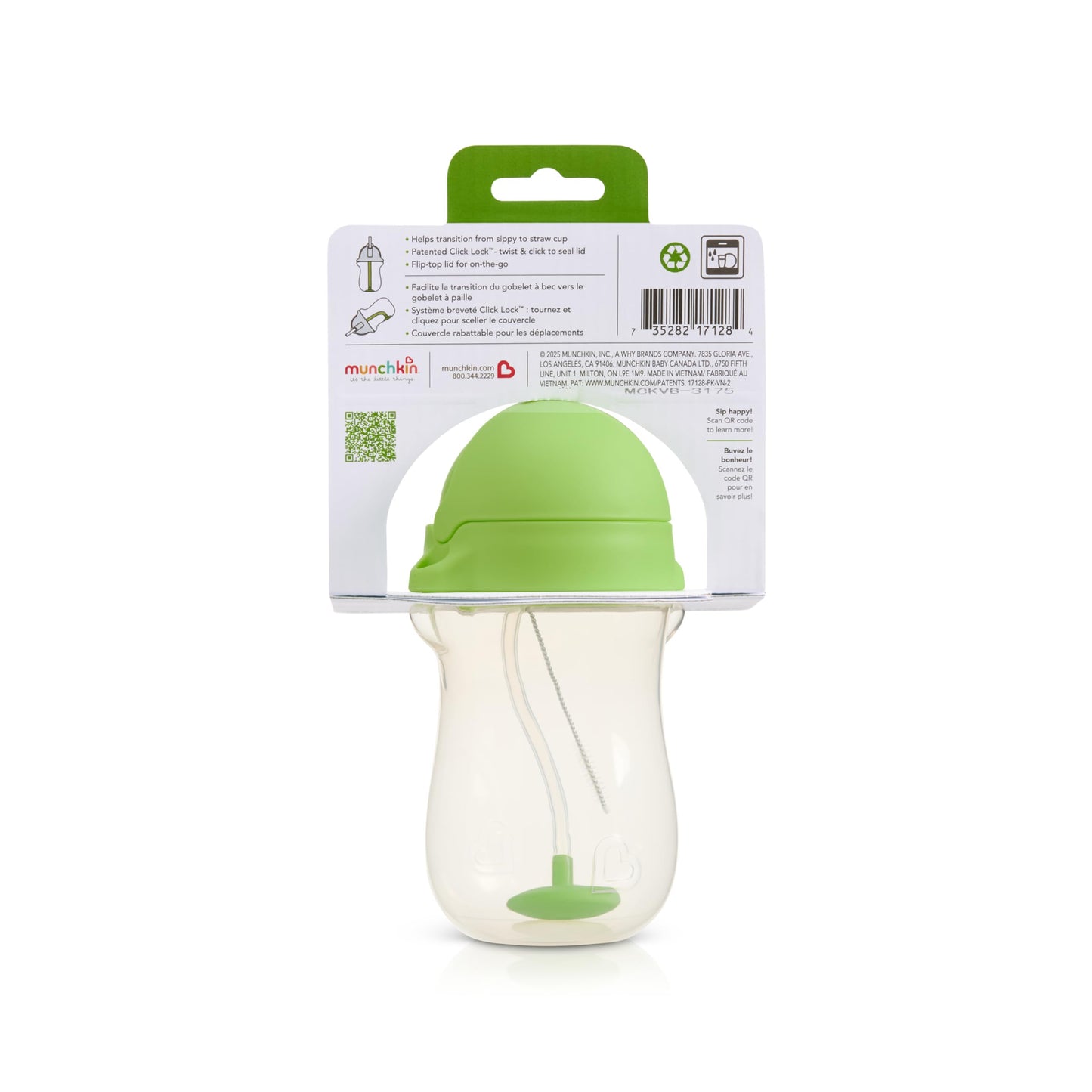 Munchkin Any Angle Sippy Cup for Toddlers, Weighted Straw Trainer Cup with Click Lock Lid, 10 Ounce, Green, 1 Pack Munchkin