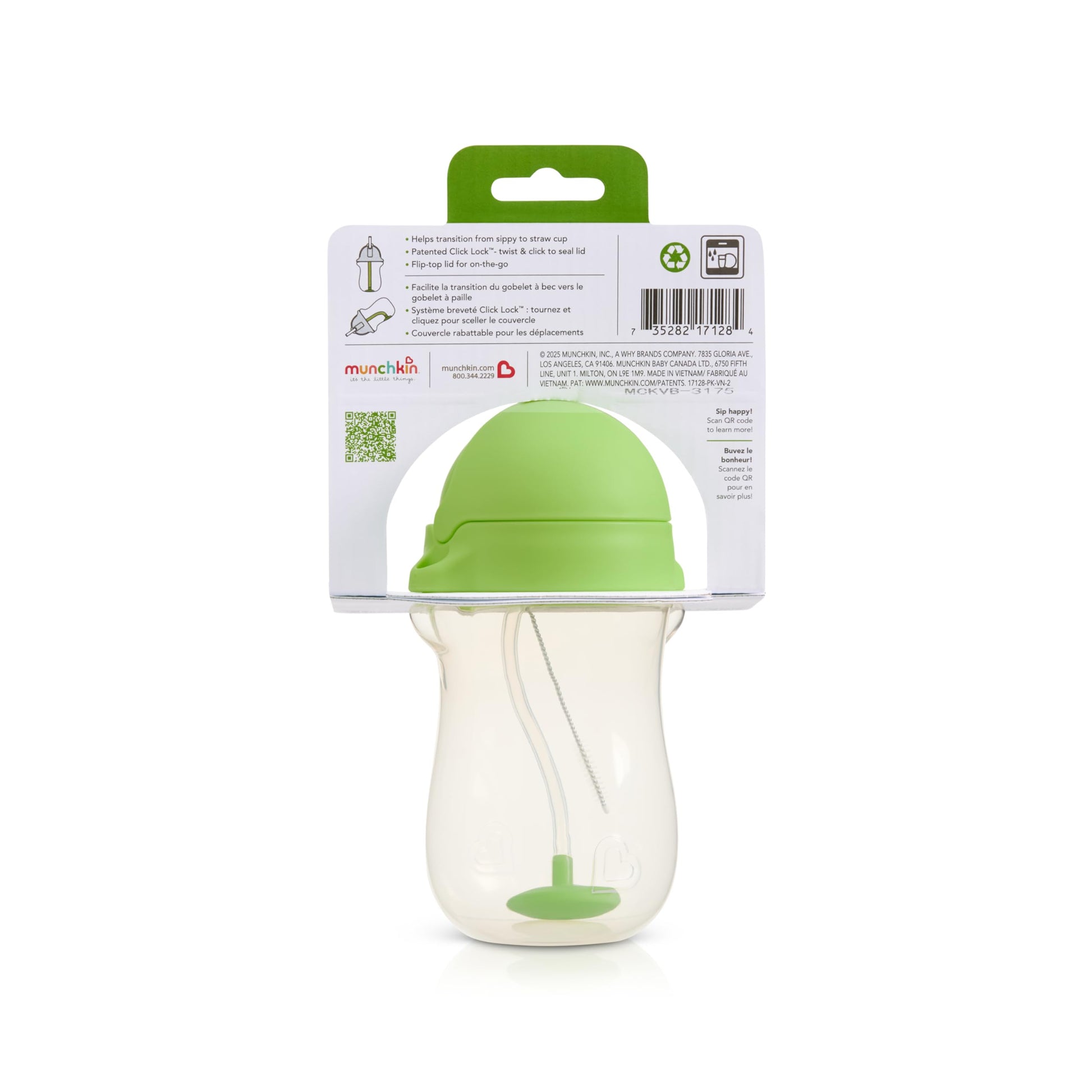 Munchkin Any Angle Sippy Cup for Toddlers, Weighted Straw Trainer Cup with Click Lock Lid, 10 Ounce, Green, 1 Pack Munchkin