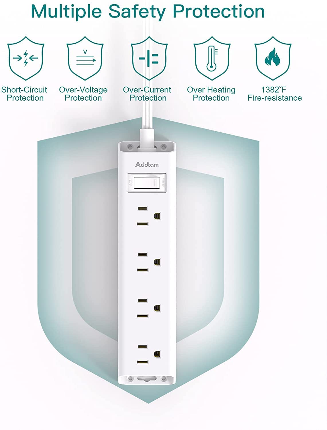 Addtam Flat Plug Power Bar, Ultra Thin Flat Extension Cord with 1050J Surge Protector, 12 Widely AC 3 Sides Multiple Outlets, 5Ft Wall Mount, Desk Charging Station for Home Office Dorm Room Essentials - Available at All In One Marketplace Canada
